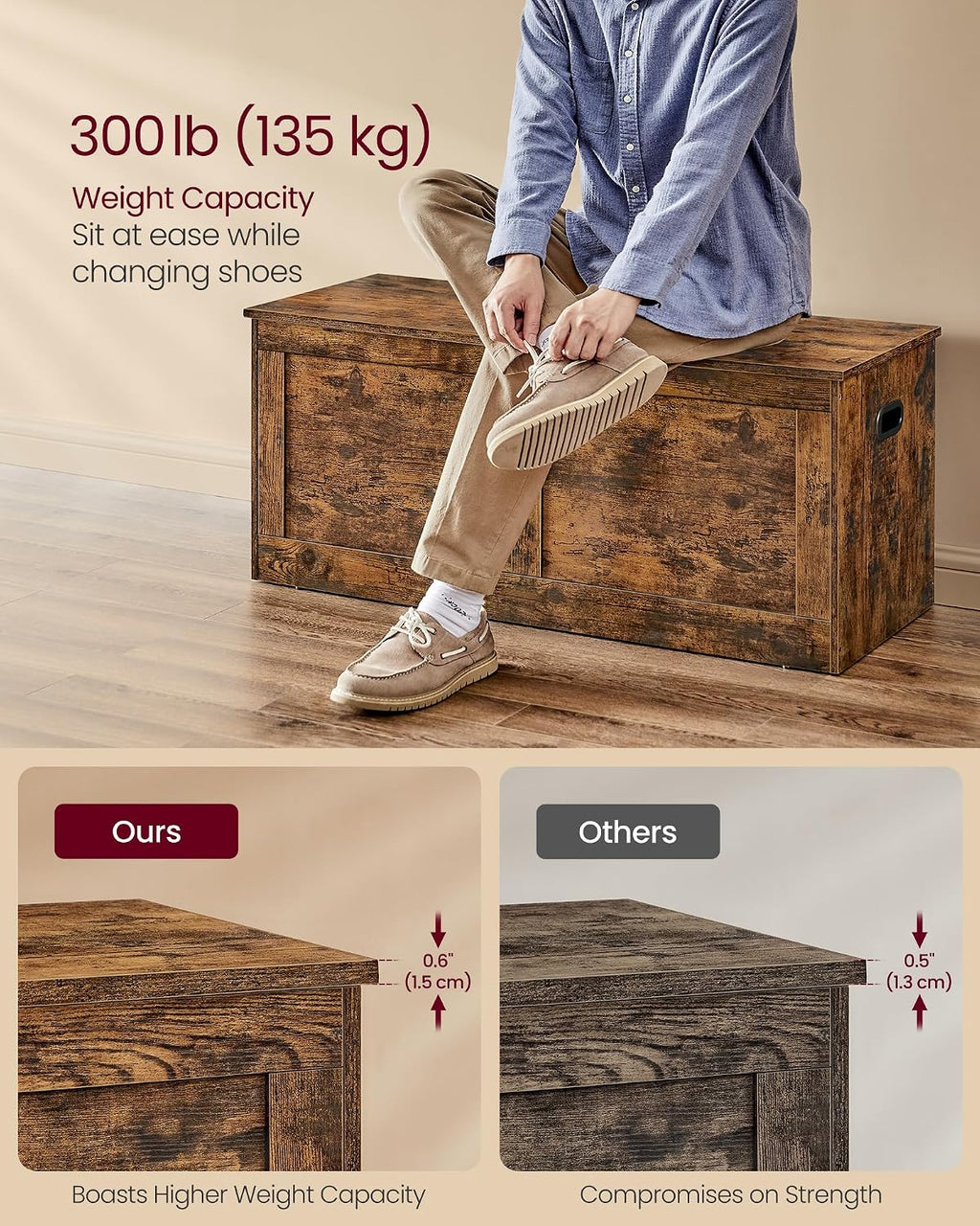 Rustic Brown Farmhouse Storage Chest Bench