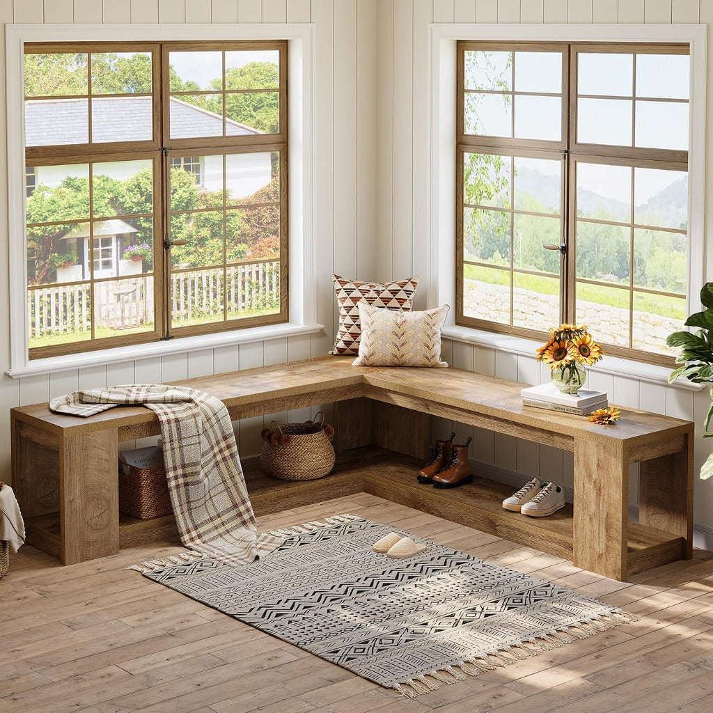 Brown Farmhouse L Shaped Storage Corner Bench No Cushion