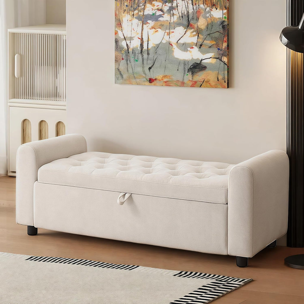Beige Tufted Storage Ottoman Bench With Arm