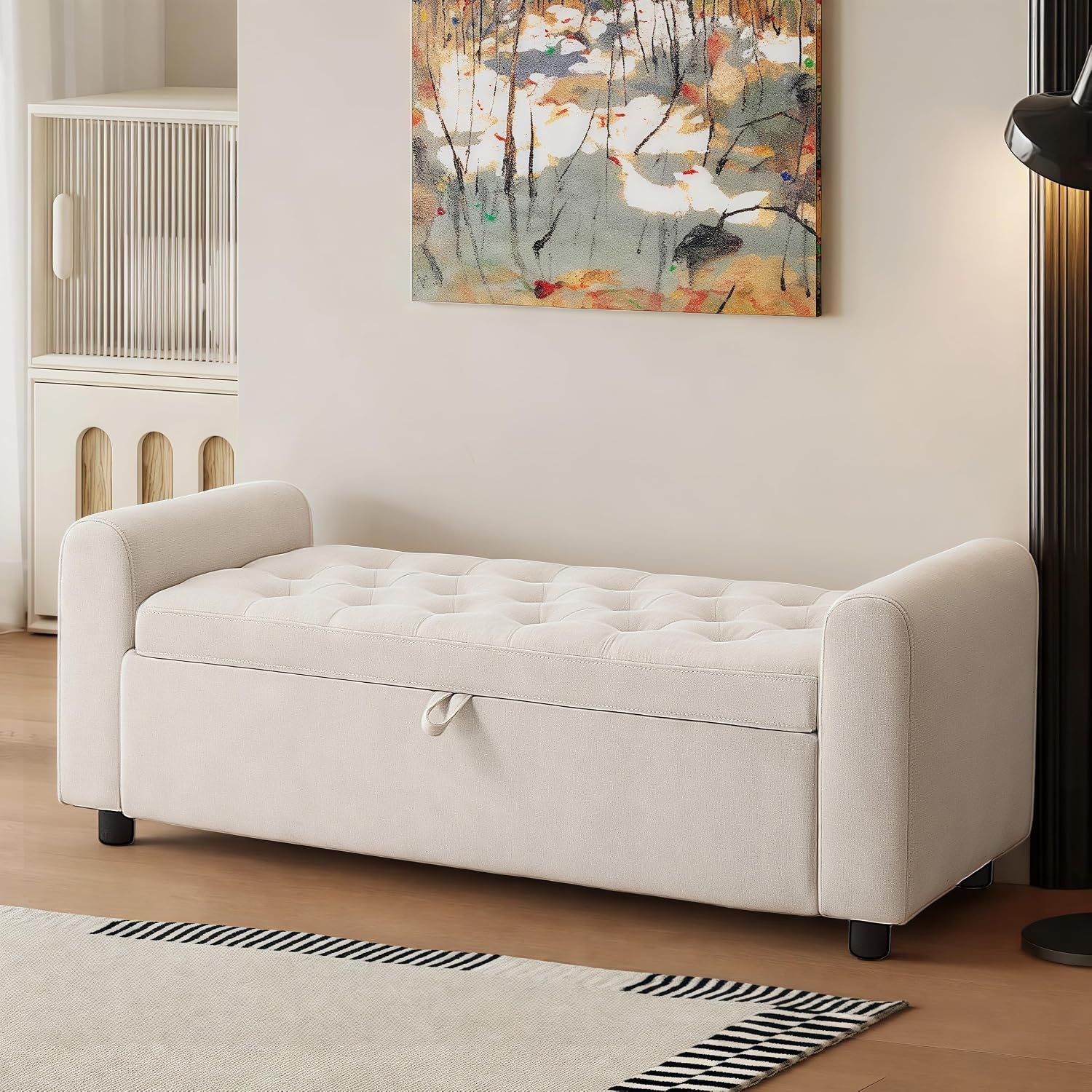 Beige Tufted Storage Ottoman Bench With Arm