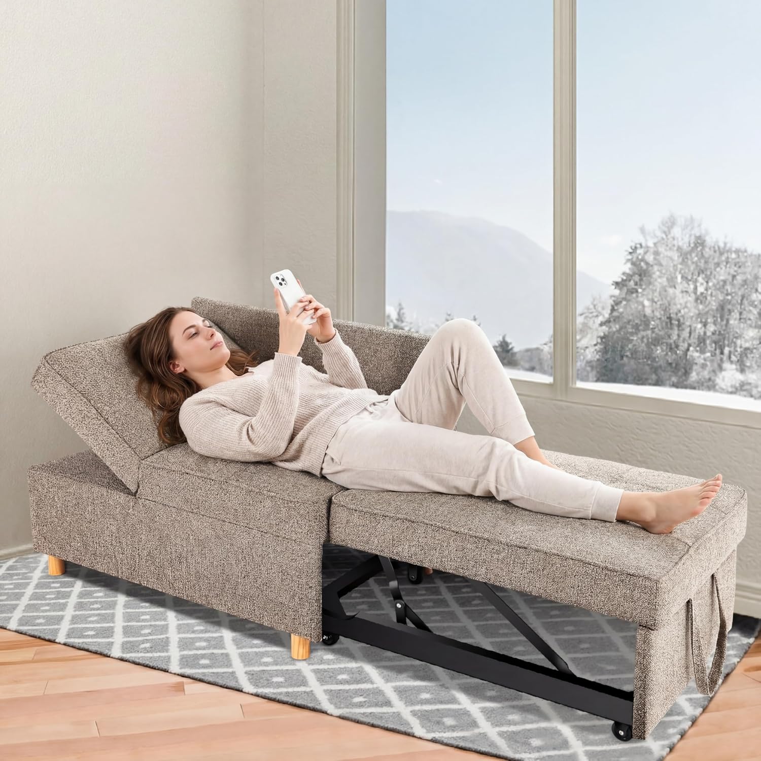 Brown Grey Linen 4-in-1 Convertible Sofa