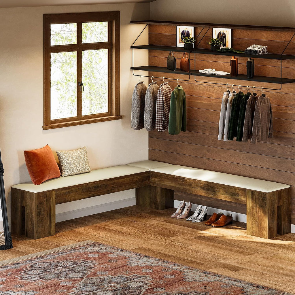 White Brown Farmhouse L Shaped Cushioned Nook Bench