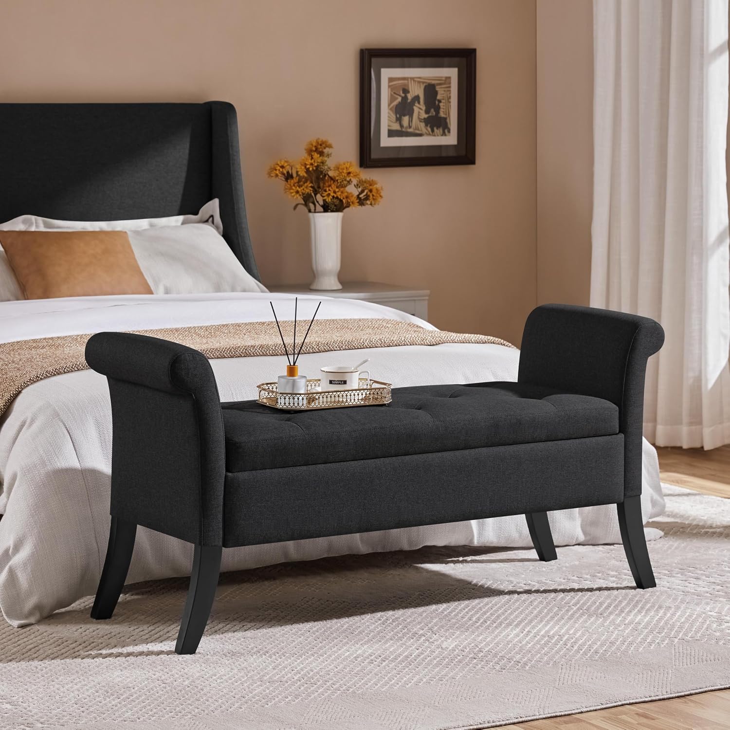 Black Upholstered Storage Ottoman Bench With Safety Hinge