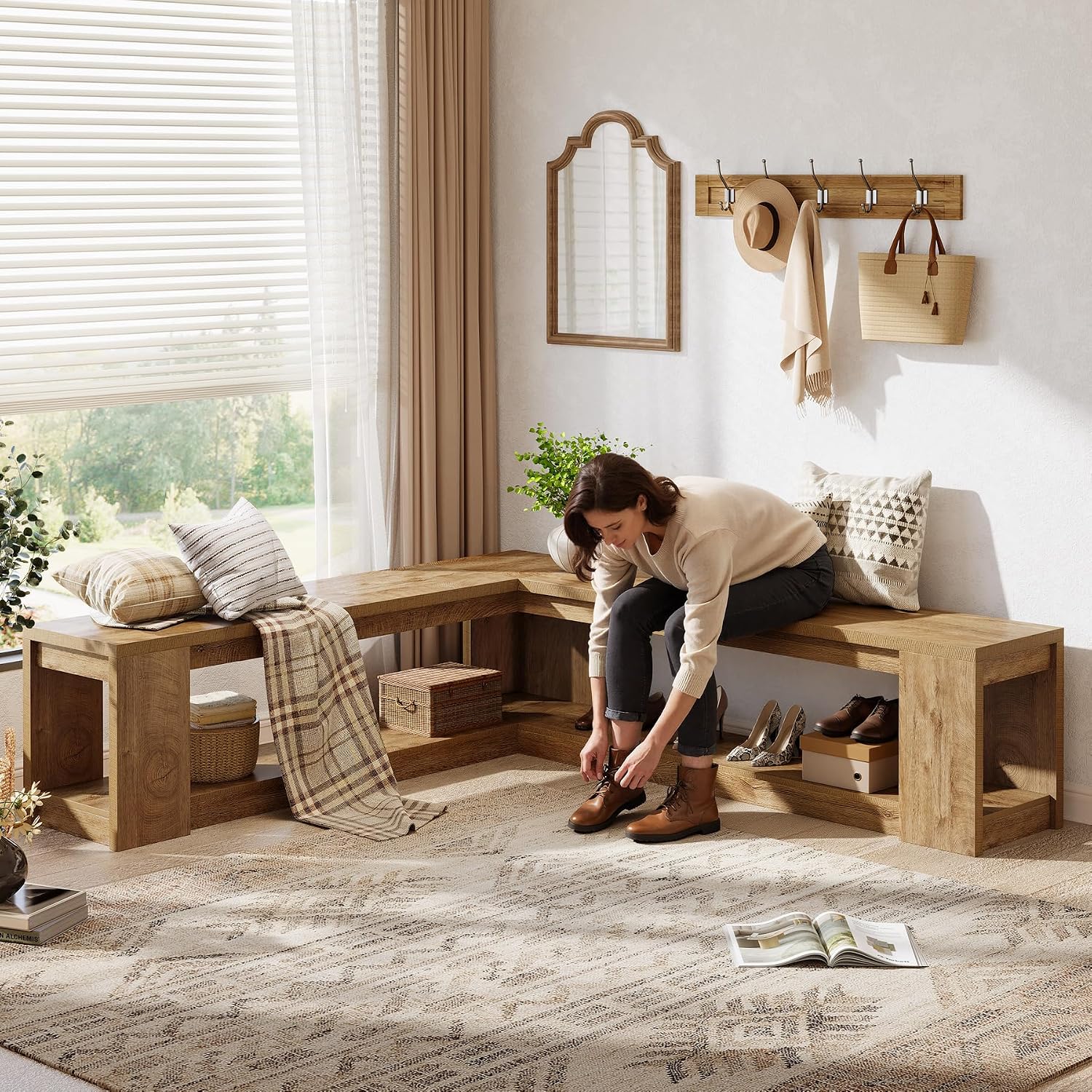 Brown Farmhouse L Shaped Storage Corner Bench No Cushion