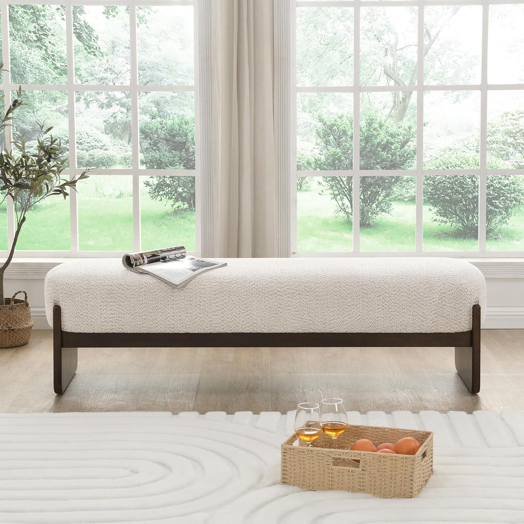 Beige Brown Loop Yarn Minimalist Ottoman Bench