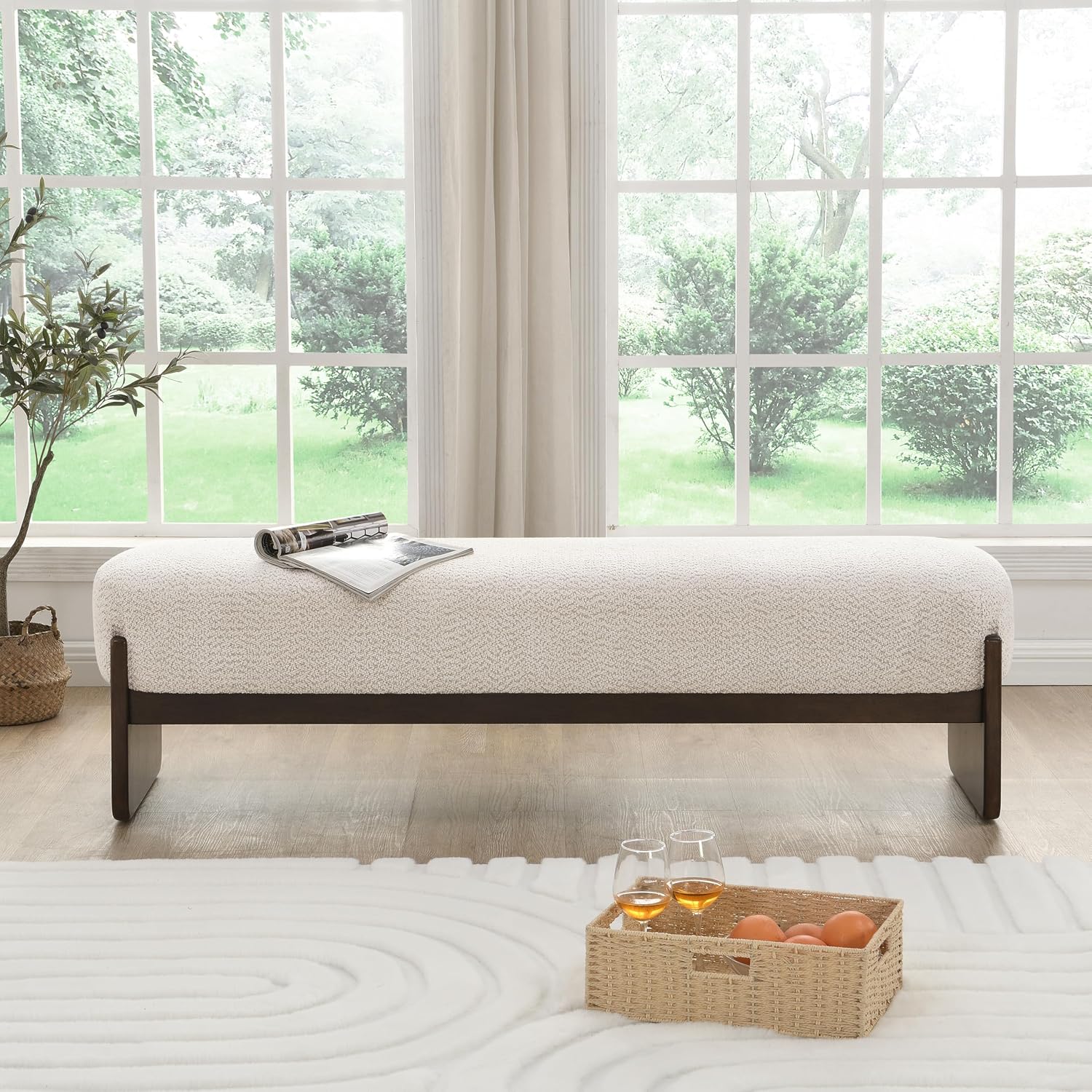 Beige Brown Loop Yarn Minimalist Ottoman Bench