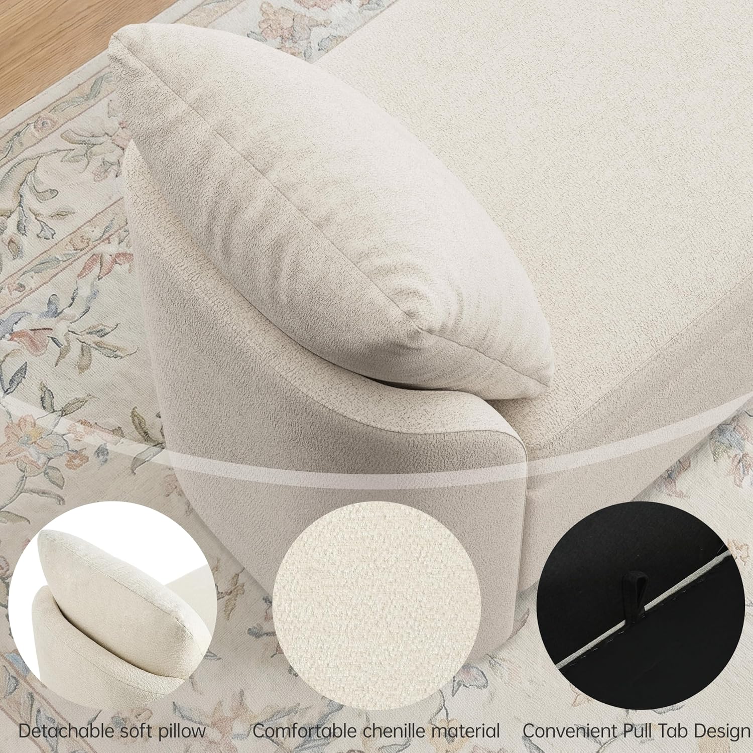 Beige Upholstered Storage Ottoman Bench With Pillows