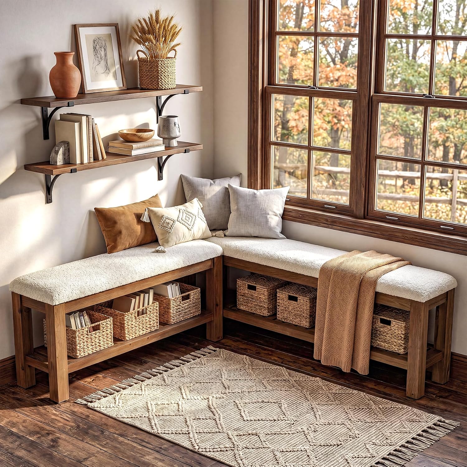White Brown Solid Wood L Shaped Storage Bench Set