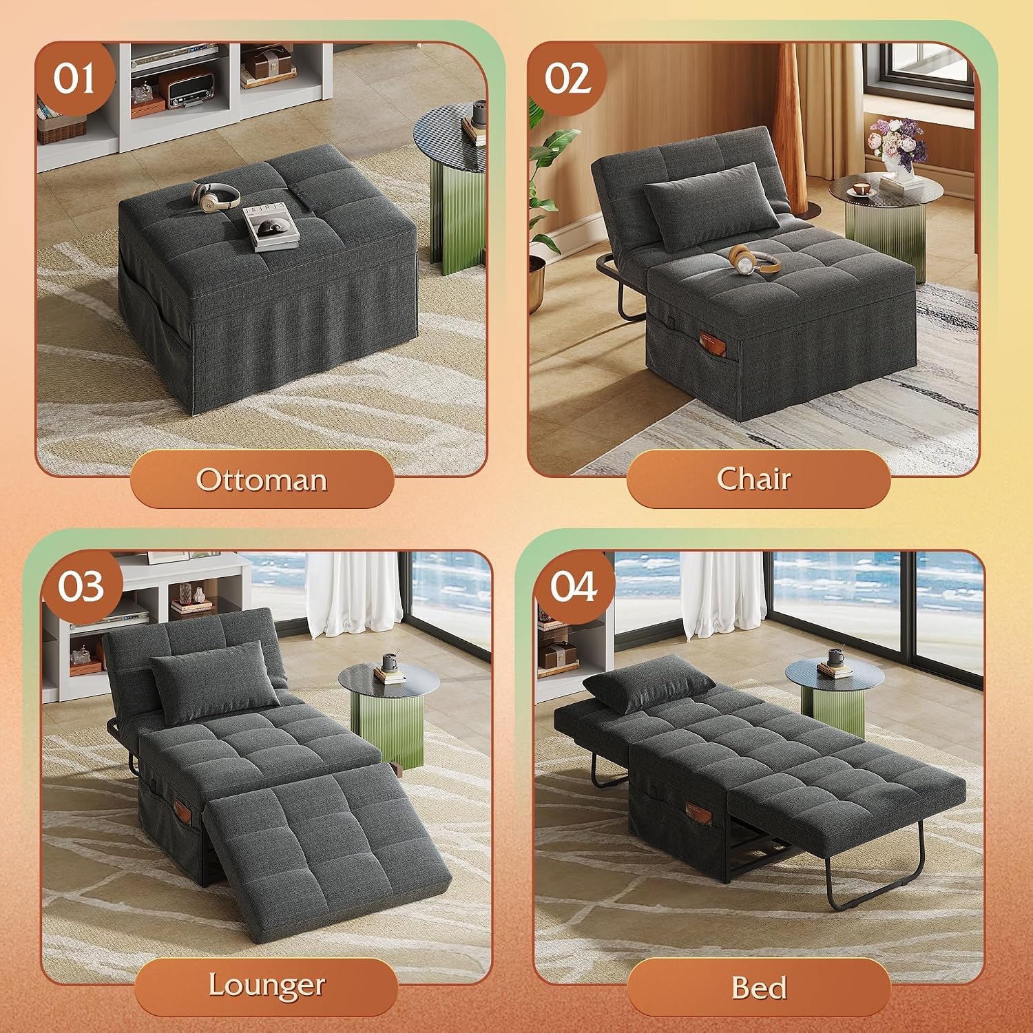 Dark Grey 4-in-1 Folding Ottoman Sofa Bed