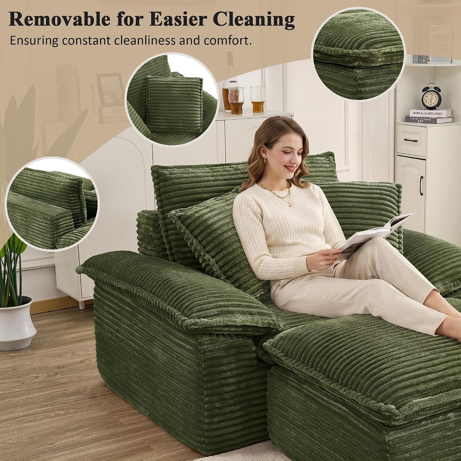 Corduroy Single Cloud Sofa With Ottoman