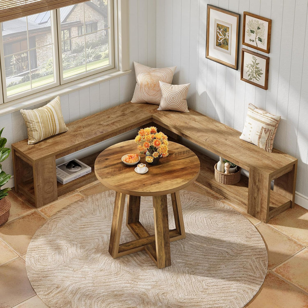 Brown Farmhouse L Shaped Storage Corner Bench No Cushion