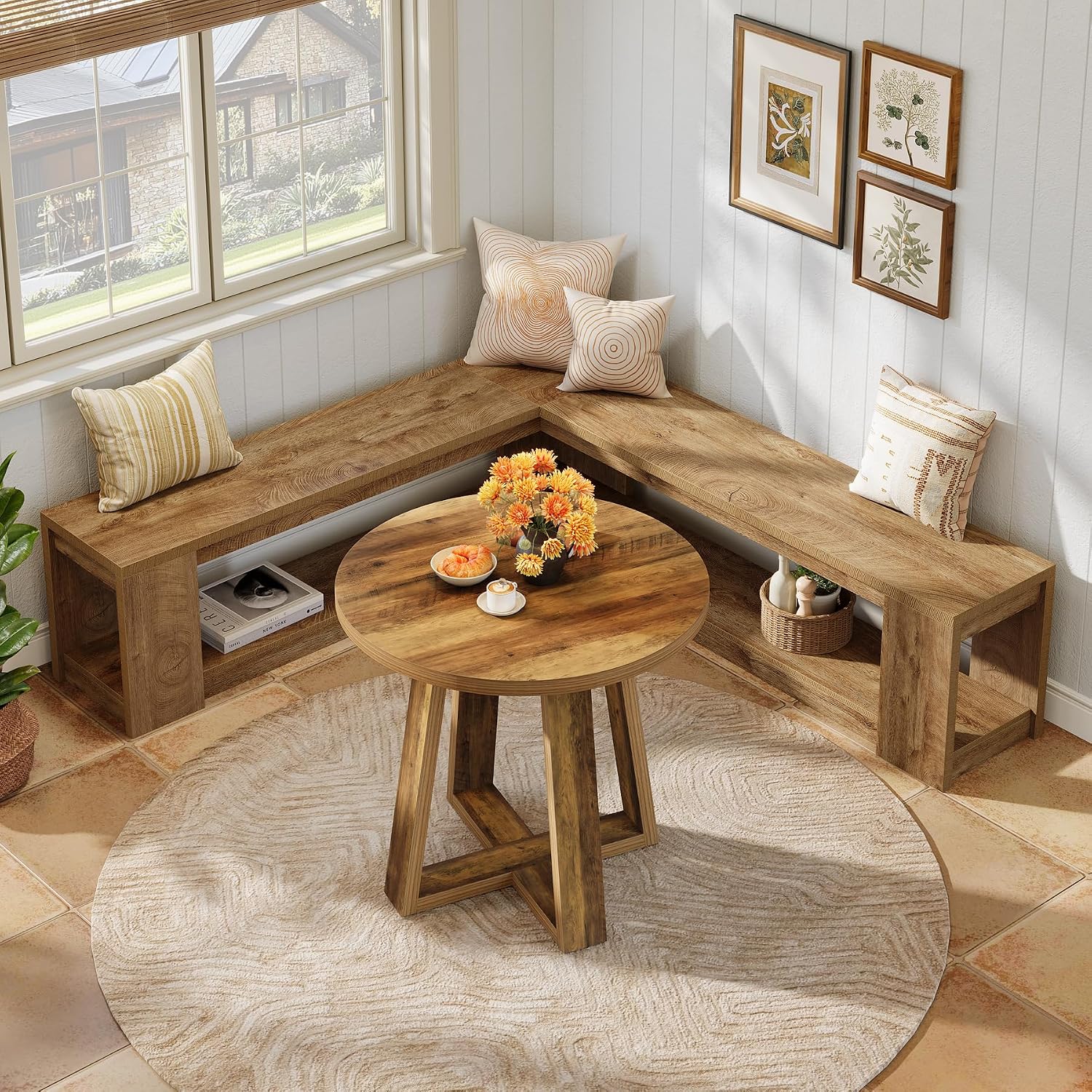 Brown Farmhouse L Shaped Storage Corner Bench No Cushion