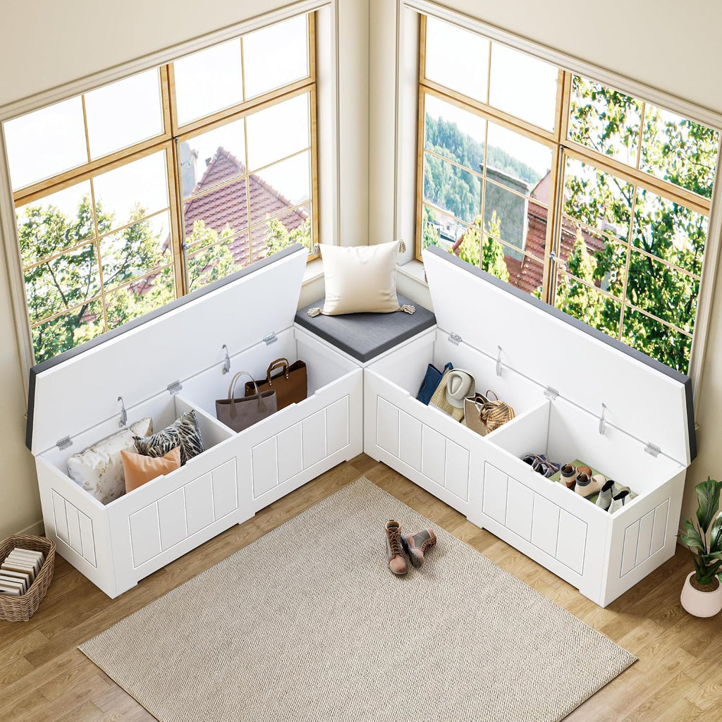 White L Shaped Storage Corner Bench With Cushion