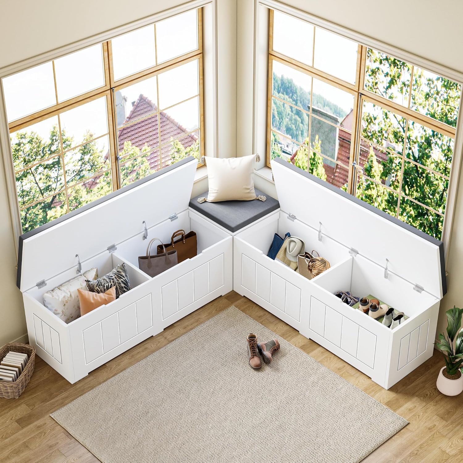 White L Shaped Storage Corner Bench With Cushion