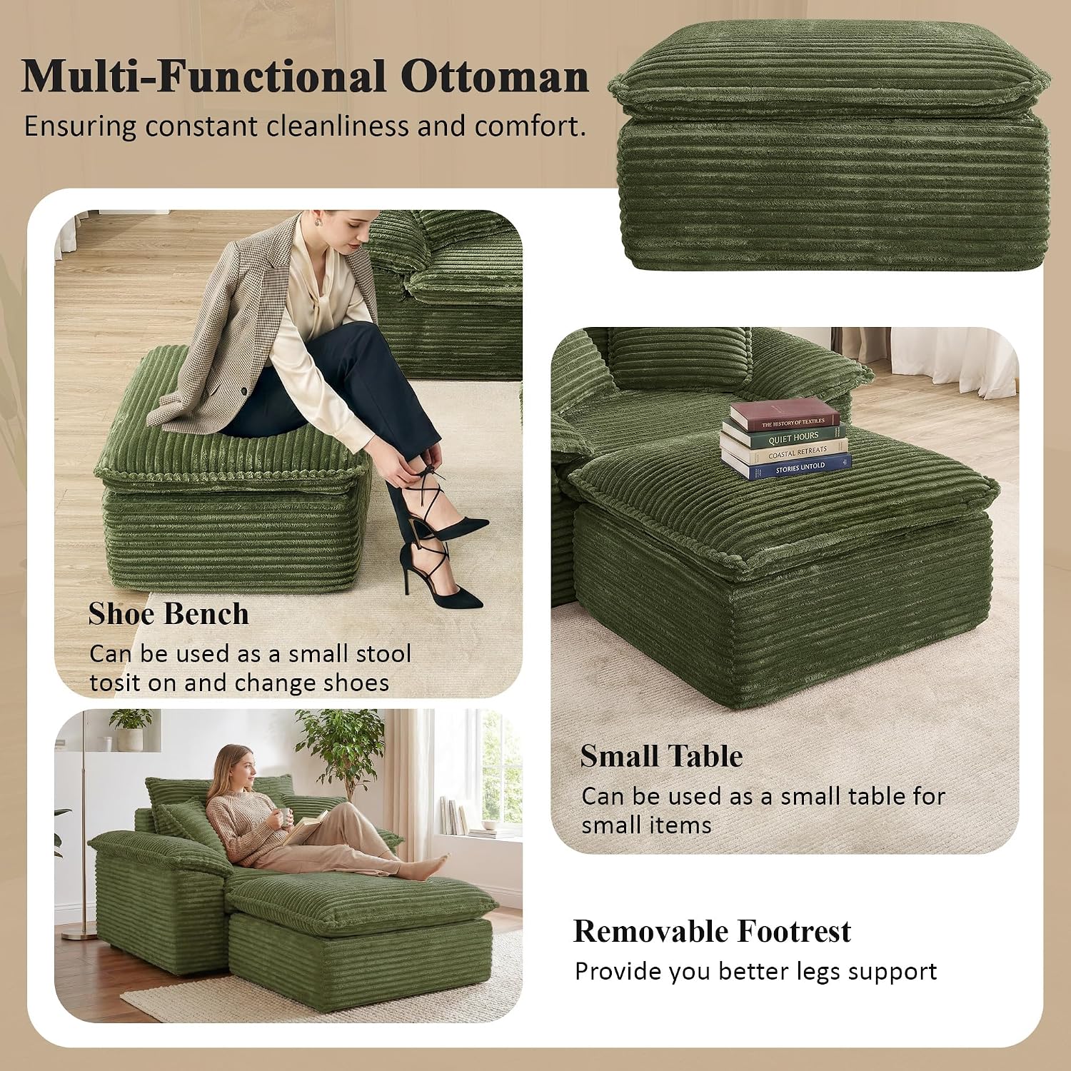Corduroy Single Cloud Sofa With Ottoman