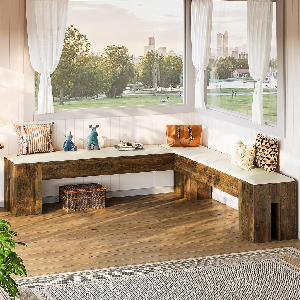 White Brown Farmhouse L Shaped Cushioned Nook Bench
